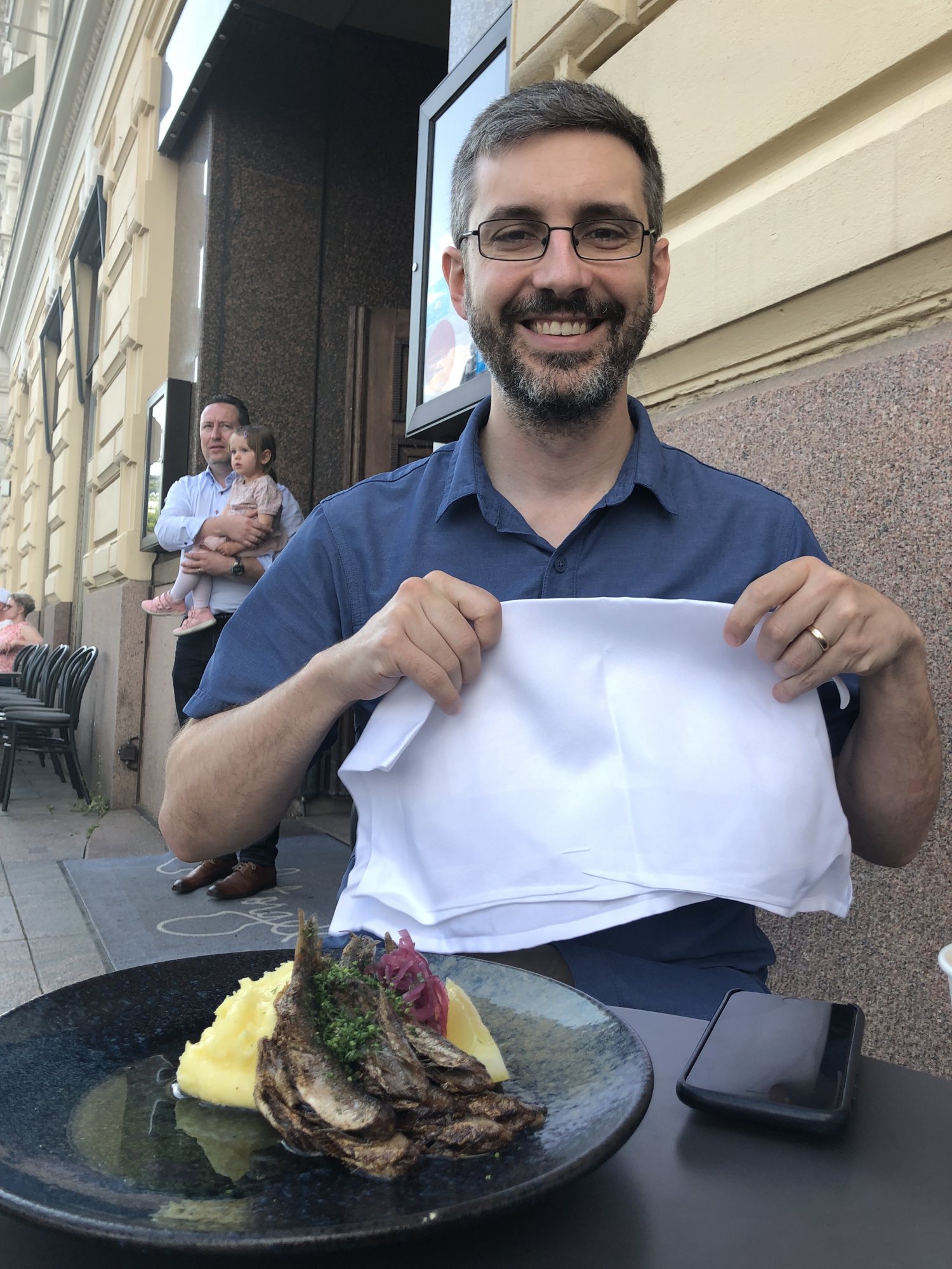 Craig's fried herring dinner in Helsinki.