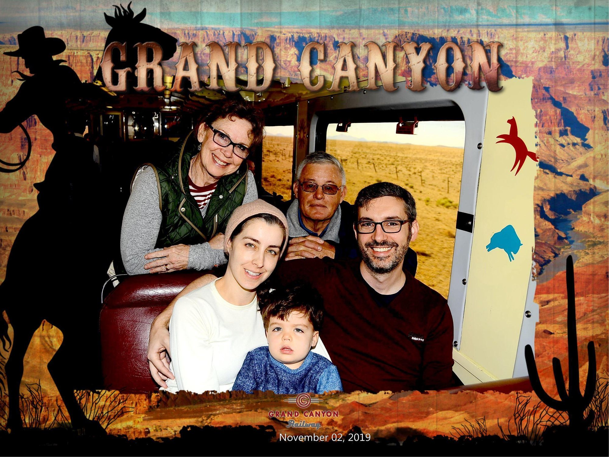 Silly Grand Canyon Railroad picture on the way up. Ben was not ready for his close-up. Lol.