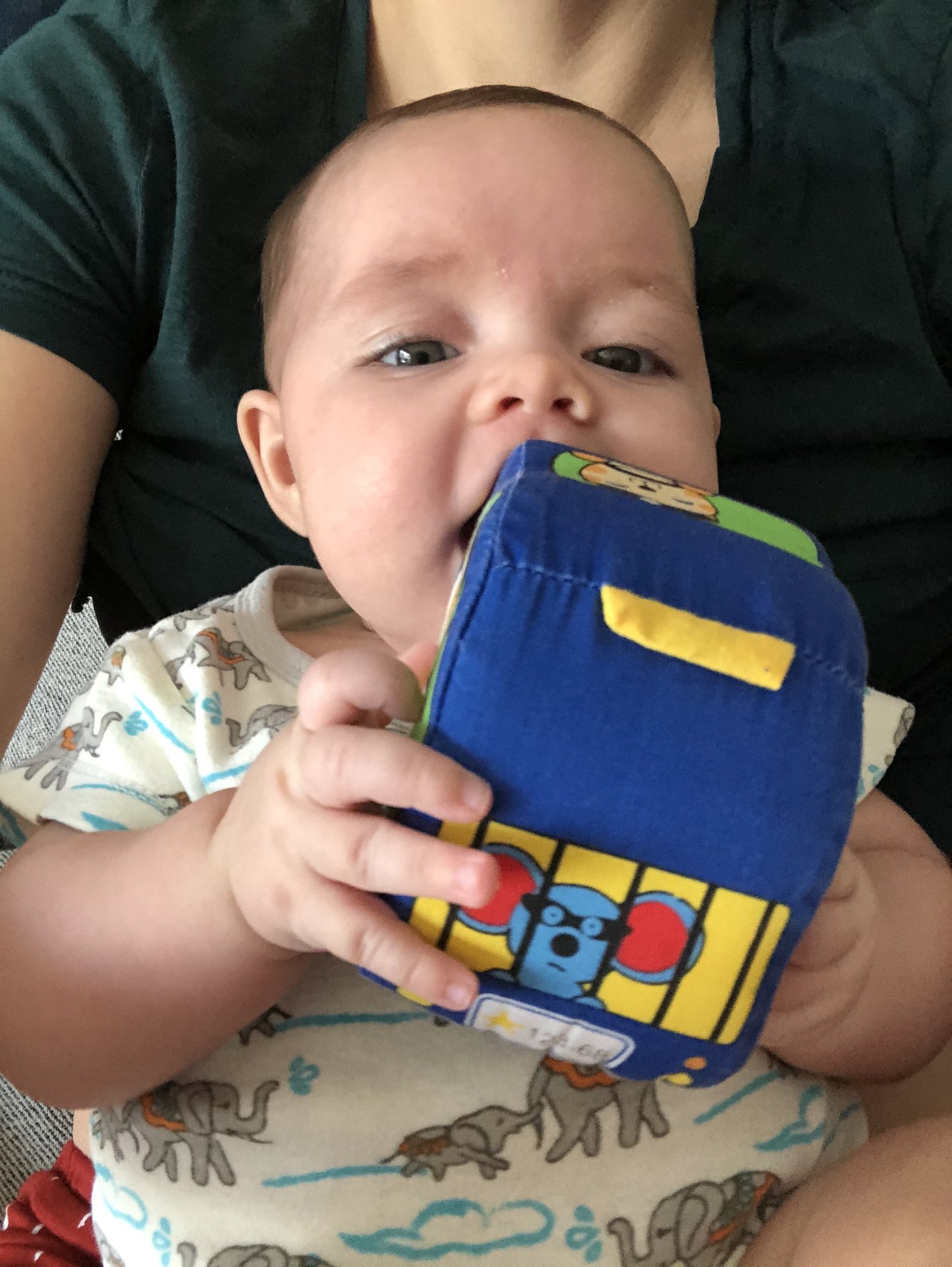 Grabbing a toy with both hands!