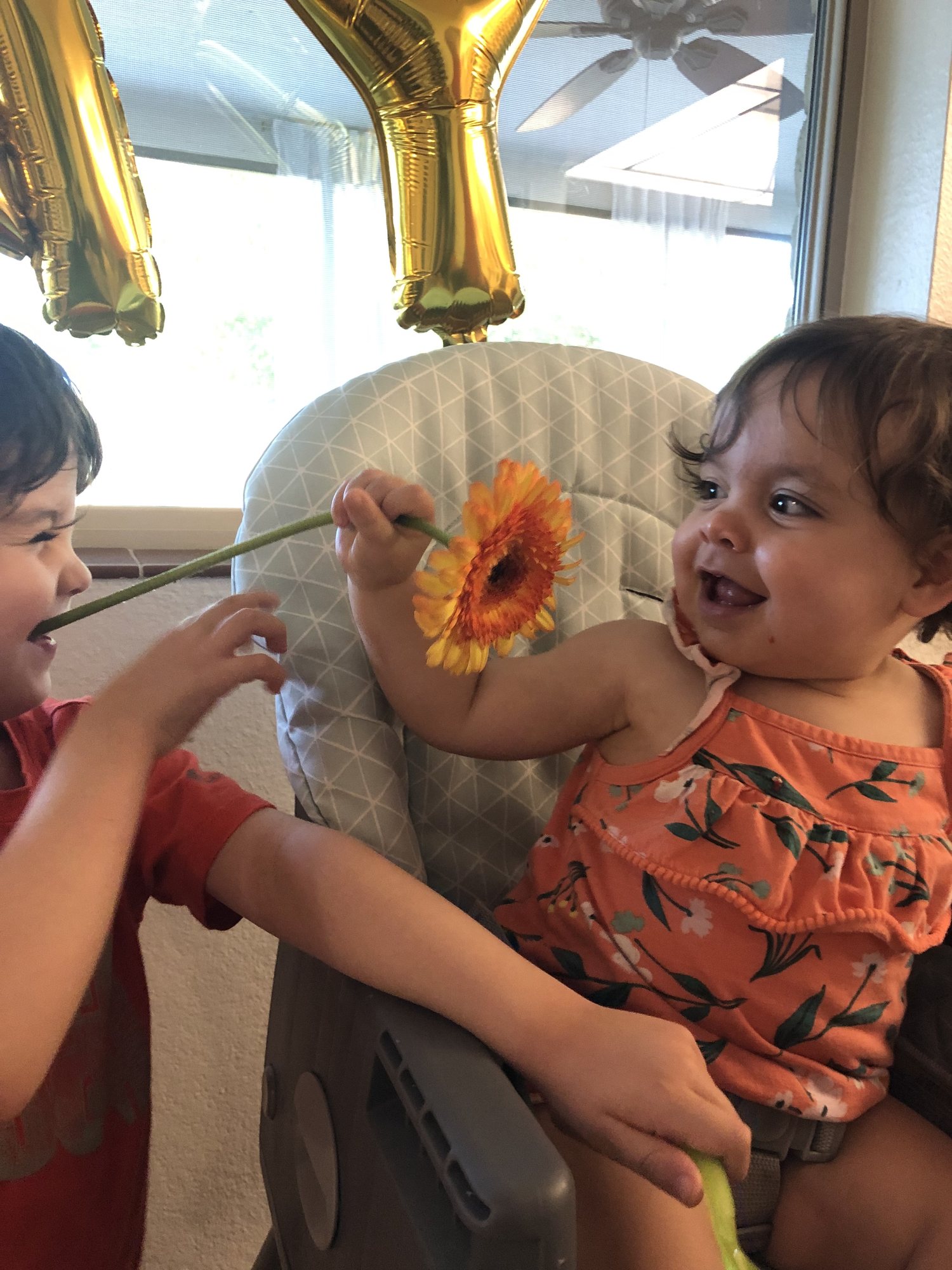 Whacking Ben in the mouth with a flower. Oops!