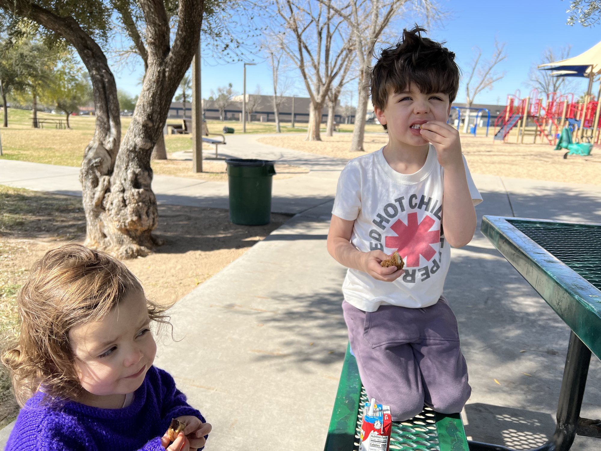 Cold, windy lunch at the park (just to be clear, our food was warm, but the air was cold :)