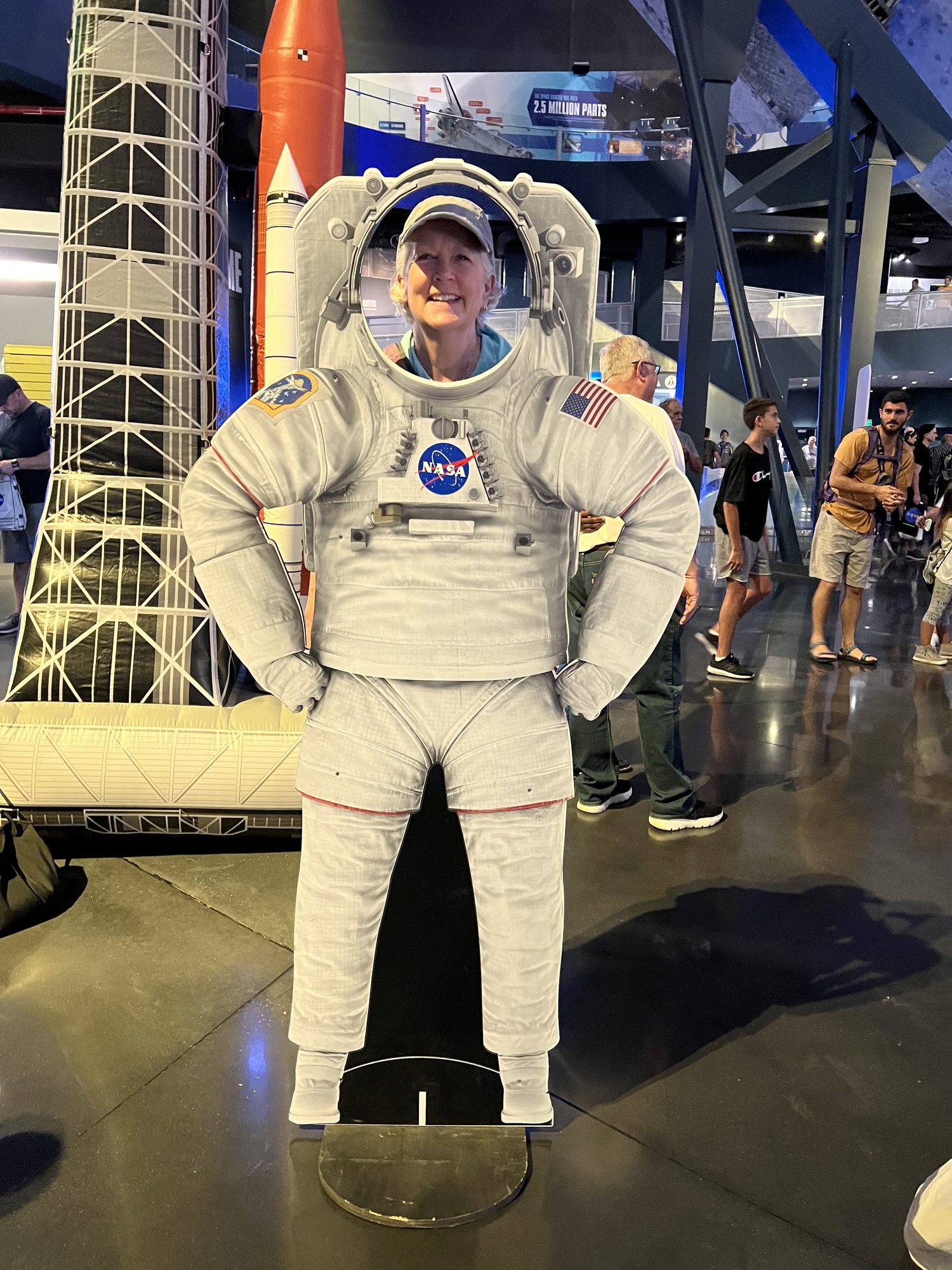 Grandma TT trying out the astronaut suit at Kennedy Space Center Visitors Center