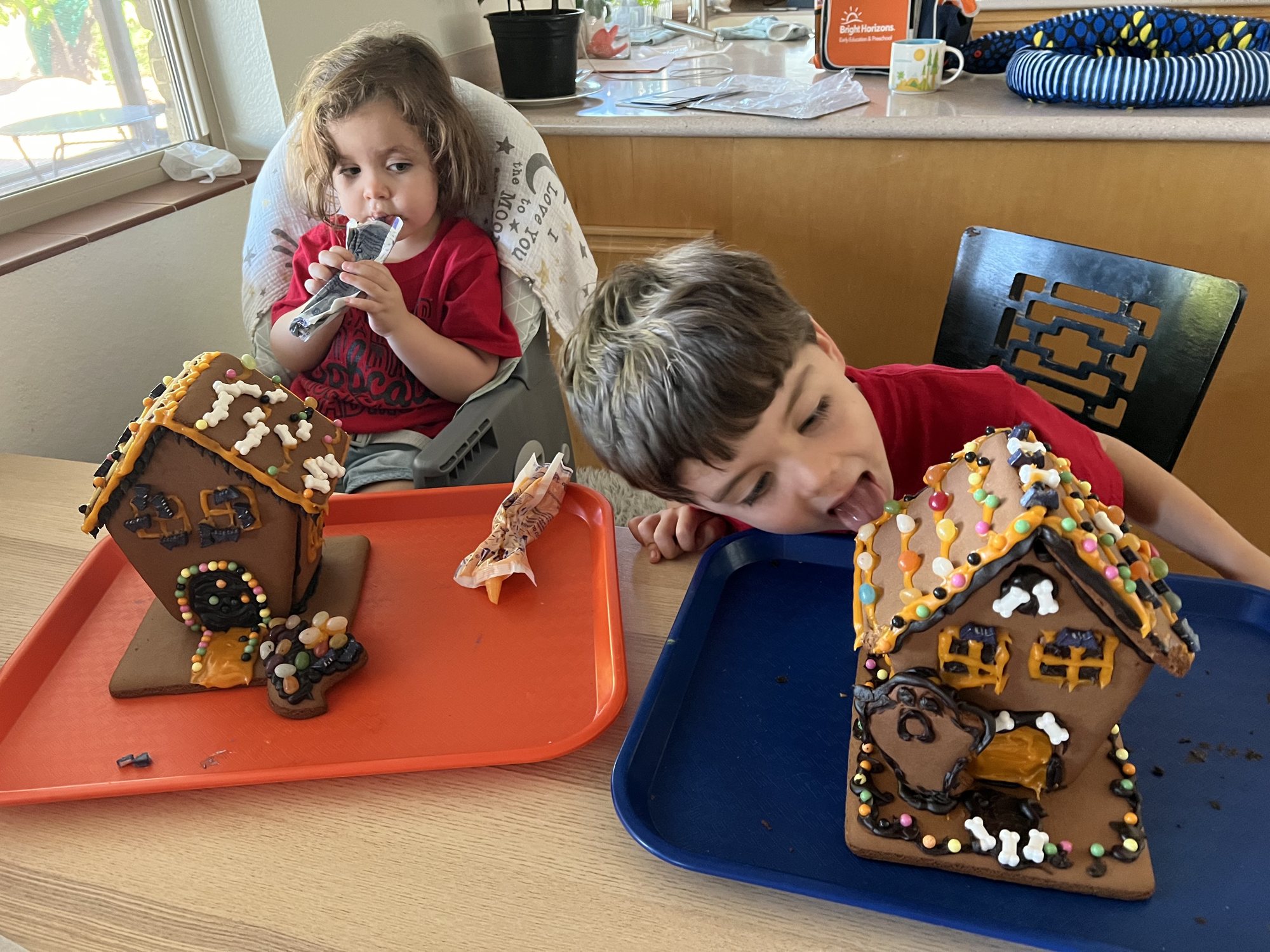 Ben bites his gingerbread house while Nora prefers icing directly from the package.