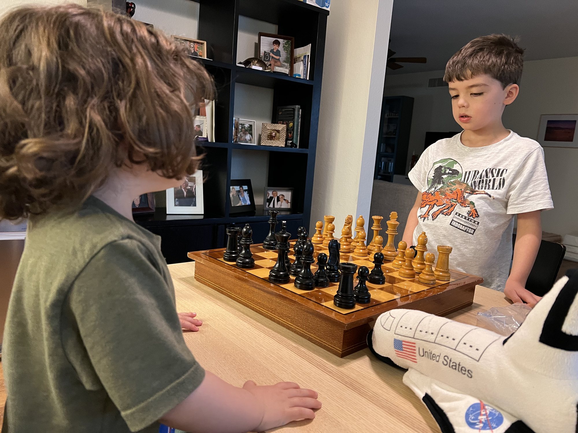 Ben teaching Nora how to play chess.